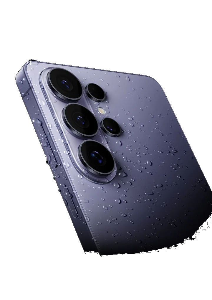 A Galaxy S26 Ultra in cobalt violet, seen from the rear at an angle, showing its quad camera array and water beading on the finish