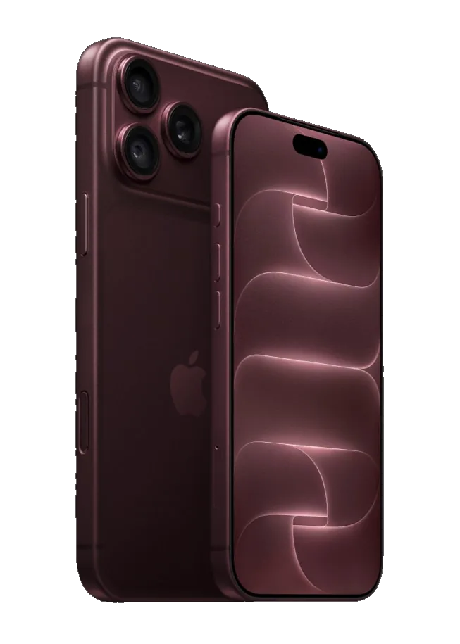 Two iPhone 18 Pro Max handsets in burgundy, one showing its triple rear camera system and one facing forward with its display lit